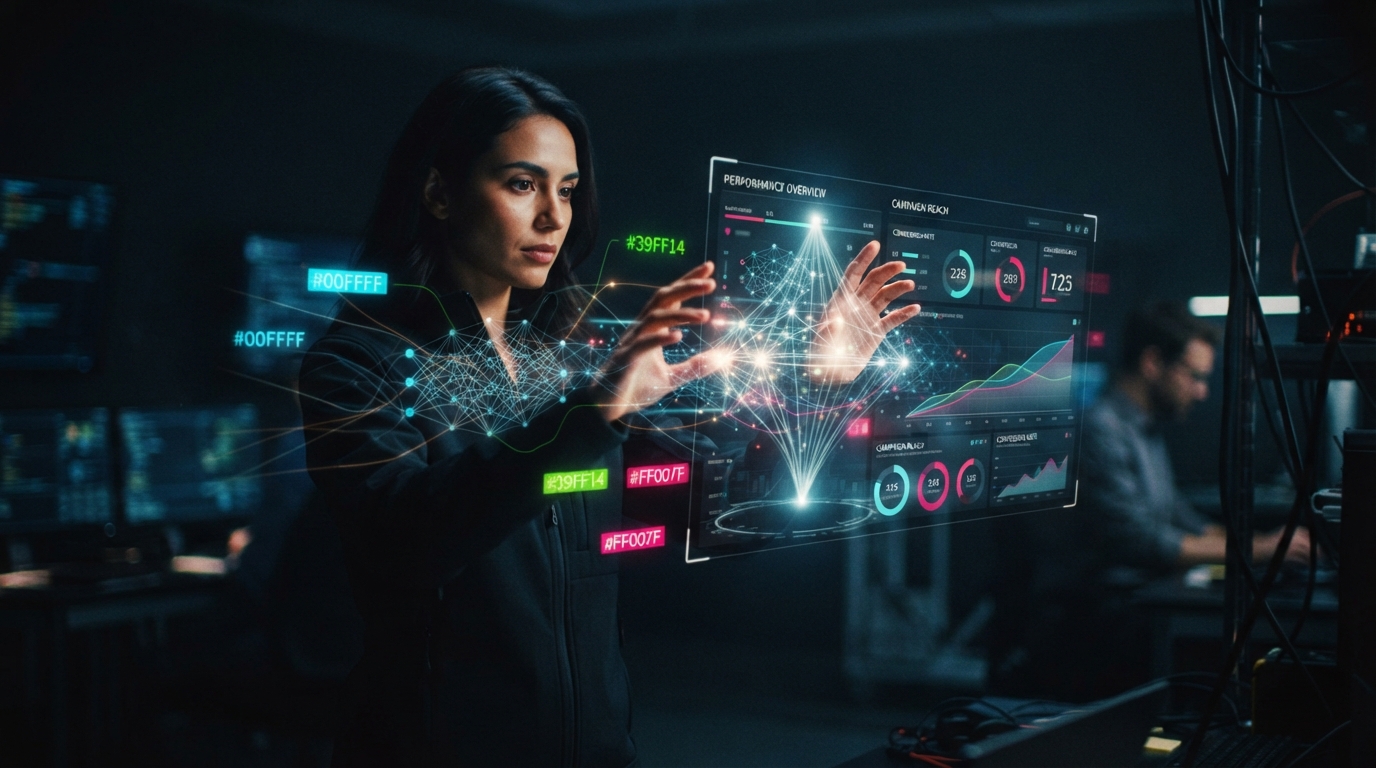 Futuristic digital advertising campaign interface powered by AI, showcasing data streams and neural networks on a holographic display.
