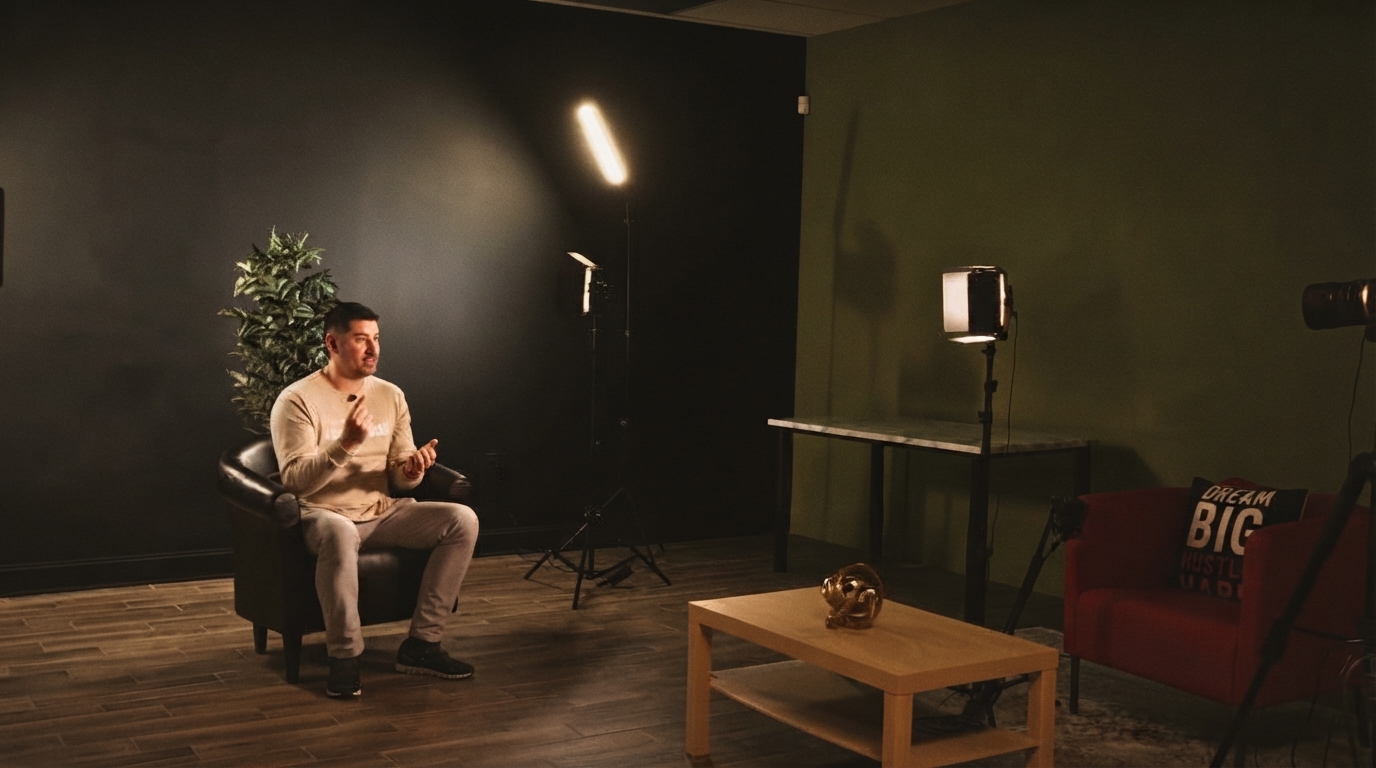 Diverse group of young creators collaborating around a laptop showing YouTube interface, surrounded by professional video equipment in a modern studio.